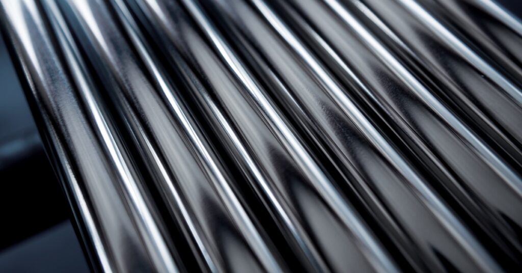 Close-up of smooth metal tubes arranged side by side. Light reflects across the polished surfaces of the tubing.