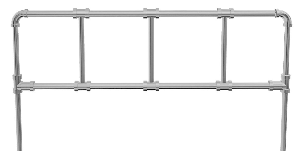 Kee Klamp Fittings for Fast Pipe Rail Systems A galvanized steel pipe railing with two horizontal rails connected to vertical posts using mechanical fittings.