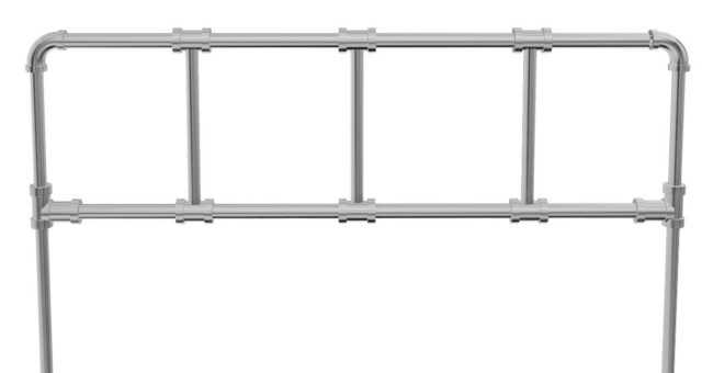 A galvanized steel pipe railing with two horizontal rails connected to vertical posts using mechanical fittings.